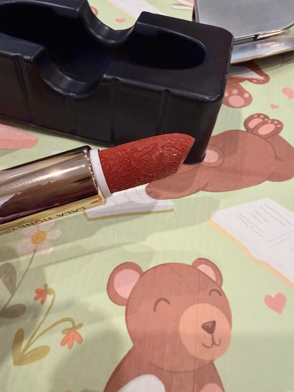 Glittery Brick Red Lipstick in Rainbow Glitter Packaging w Attached Mirror